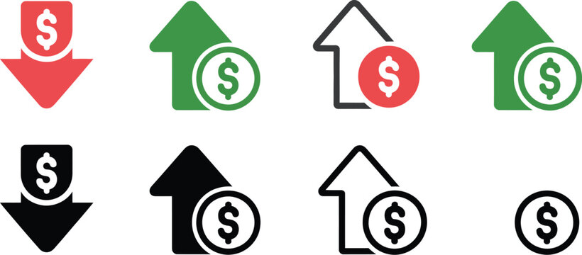 Profit loss, finance icons vector, cost increase and decrease symbols with rising and falling dollar signs for investment and business analytics design.