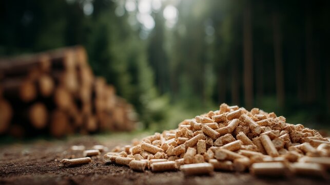 close up of pile of pellets, wood pellet production in the forest