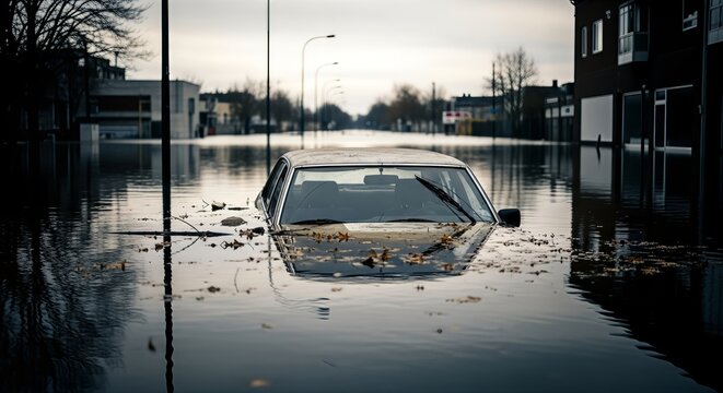 Submerged car in flooded urban street after natural disaster, showcasing severe damage and disruption