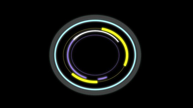 Futuristic digital HUD circular loading element with rotating glowing segments isolated on black background for user interface design components and motion graphic overlay elements for modern media pr
