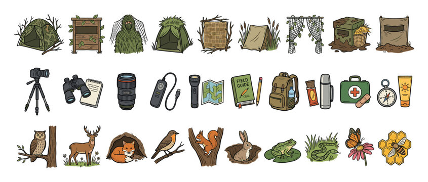 Set of wildlife observation equipment, nature camouflage shelters, and forest animals for outdoor