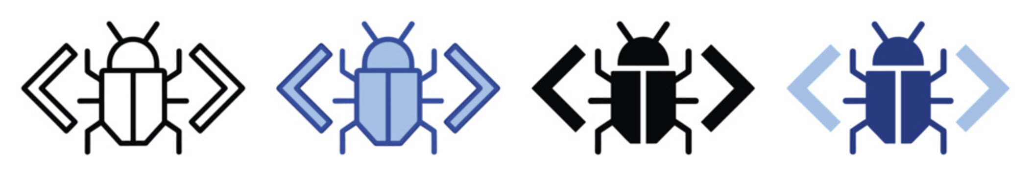 Set of code bug icons representing software debugging process for programming applications