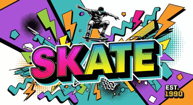 A vibrant graphic illustration featuring the word "SKATE" in bold, colorful lettering, with a skateboarder performing a trick in the background, 