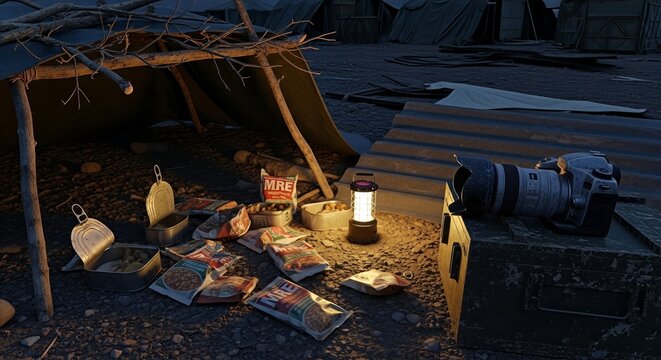 Illuminated Survival Camp Scene at Night with MREs and Tent