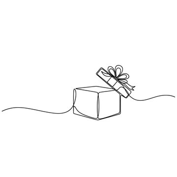 Continuous One Line Drawing Open Gift Box with Ribbon Bow for Birthday Christmas Celebration
