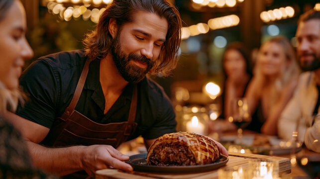 Luxury dinner party host serving plant-based Wellington carved tableside, dramatic candlelit dining room, guests leaning forward with anticipation, aftermath moment of plating, ideal for vegan enter