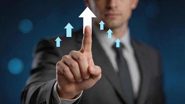 Businessman pointing finger at rising upward arrow symbolizing success, leadership and career growth, motivation concept for business achievement and professional development goals