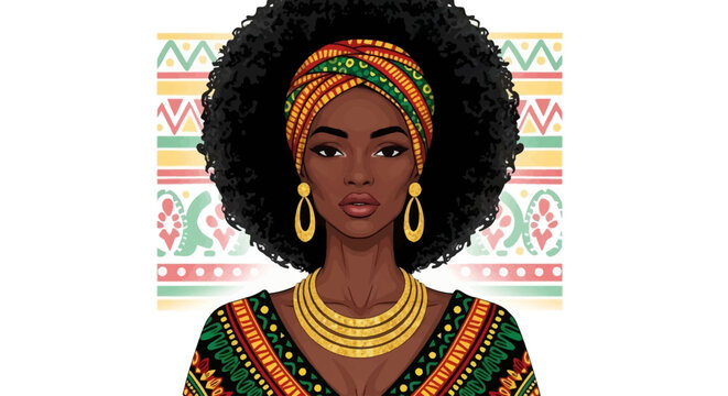 A beautiful Black woman with an afro hairstyle, wearing a colorful headwrap and traditional African clothing, adorned with gold jewelry.