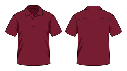 Naklejka premium Blank burgundy polo shirt with collar template. Front and back views. Vector illustration.