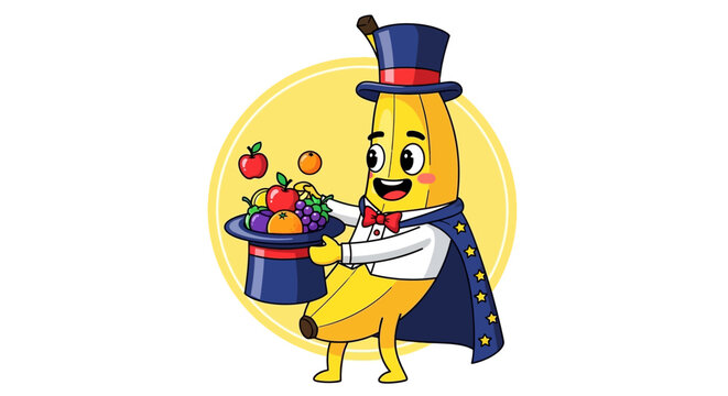 Magician Banana Cartoon Character With Fruit Hat Trick