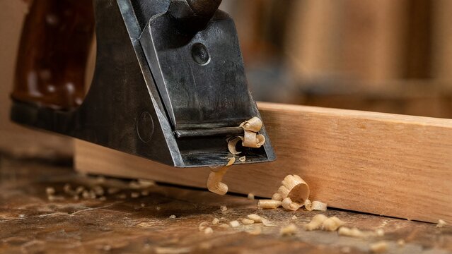 jointer. Close-up of a woodworking blade pressing against a wooden board, creating shavings. safety posters, maintenance manuals, designed for precision metalworking and fabrication facilities.