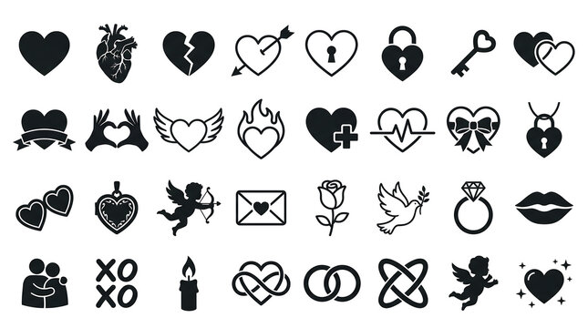 Heart and Love Symbol Icon Library &ndash; 32 Romantic Silhouettes Including Classic Hearts, Cupid Arrows, Lockets, and Affection Motifs
