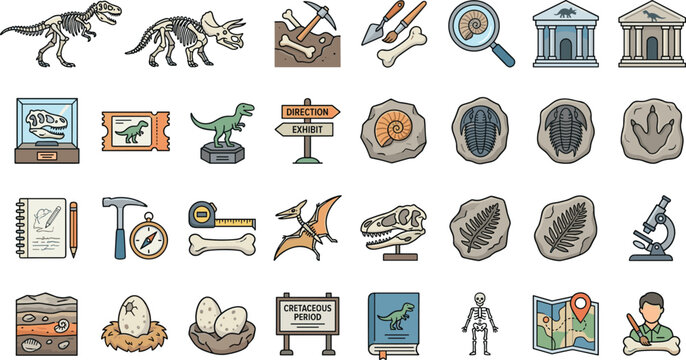 Dinosaur paleontology and museum exhibition icon set with ancient fossils skeletons archaeological tools research equipment and dinosaur eggs vector