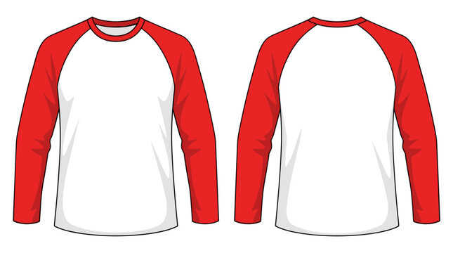 Blank red and white long sleeve raglan shirt template. Front and back views. Vector illustration.