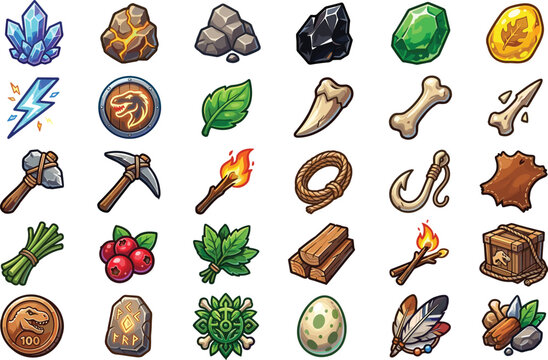 Prehistoric survival game resource icons vector set featuring stone age tools craft items dinosaur bones gems crystals and raw materials