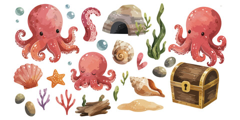 watercolor cute octopus marine life collection © dian's