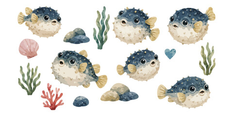 watercolor cute pufferfish collection © dian's