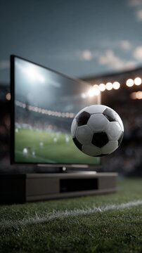TV is showing a soccer broadcast on the stadium, soccer concept