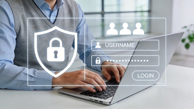 Secure login screen overlay on laptop with shield icon representing cybersecurity, data protection, user authentication and privacy safety in modern business office environment
