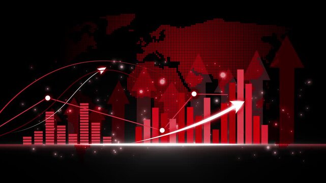 2026 Digital financial growth chart animation, Financial growth graphic with bar charts, upward arrows and glowing lines over a dotted world map