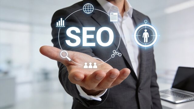 SEO search engine optimization strategy concept with icons for analytics, target audience, global reach and content marketing held in hand