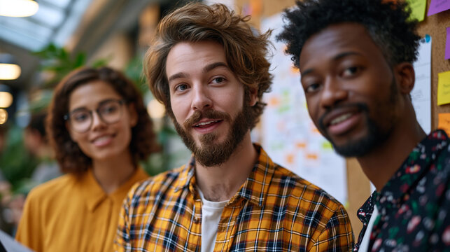 Three co-founders of different ethnicities debate around a market map pinned to a cork wall in a narrow startup corridor, body language animated and unposed, late afternoon light slanting through a 
