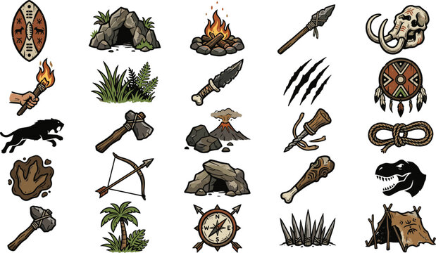 Prehistoric stone age caveman icon set with primitive weapons tools fire mammoth skull and dinosaur elements vector illustration