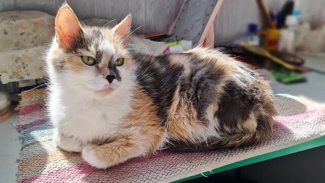 A calico cat with green eyes lies comfortably on a striped towel in a bright, sunlit room. Concept of domestic pet comfort, feline relaxation, and an afternoon nap in a cozy home.