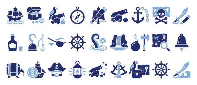 Set of pirate adventure icons featuring nautical elements and treasure for game development or