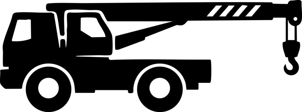 Heavy duty mobile crane truck silhouette for construction and industrial lifting operations with black and whit