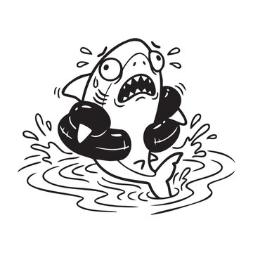 Scared shark wearing black swim floaters in blue splashing water.