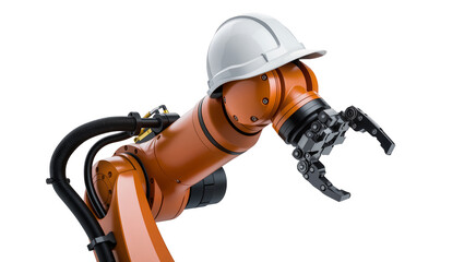Fototapeta premium Orange industrial robotic arm with white hard hat