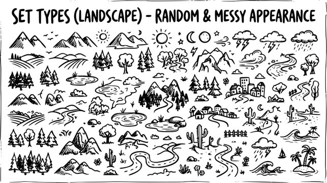 Hand-drawn Black and White Line Art Landscape Elements Set with Nature Icons, Weather Symbols, Roads, and Buildings for Outdoor Designs.