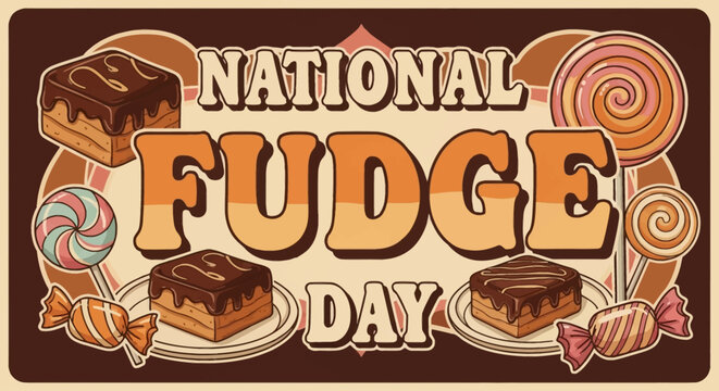 Retro illustration celebrating National Fudge Day with vintage-style candies and fudge squares.