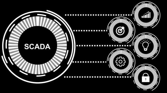 Futuristic scada interface concept with glowing digital technology on black background.