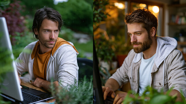 Two remote workers sitting in different countries appear side by side in a split-screen comparison of their home offices, one mid-monsoon, one in harsh midday sun, yet perfectly synchronized in conv