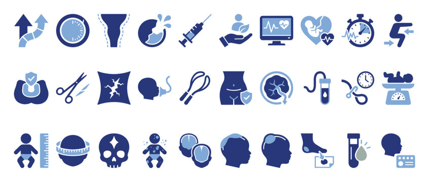 Set of pregnancy birth and newborn care icons for maternal and infant health applications