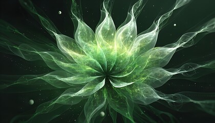 Obraz premium Abstract green fractal floral background with nature leaves flowers petals and glowing artistic pattern design