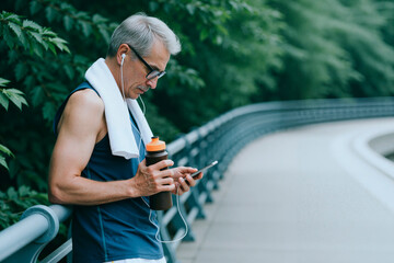Fototapeta premium Senior Caucasian man checking smartphone during outdoor workout, holding water bottle and listening through earphones. Useful for fitness app, active aging, wellness marketing