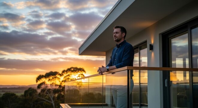 Man op balkon bewondert zonsondergang en de lucht, genietend van de buitenlucht en ontspanning.