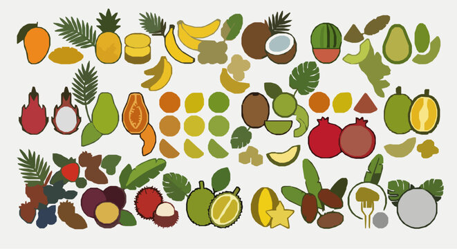 Creative exotic fruit flat vector icon set with vegetarian food illustrations