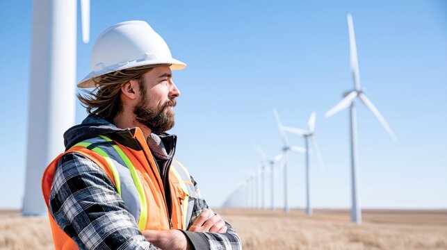 Confident renewable energy engineer standing at wind farm outdoors. Professional male technician in hard hat and safety vest for clean power industry, utility maintenance and sustainability project