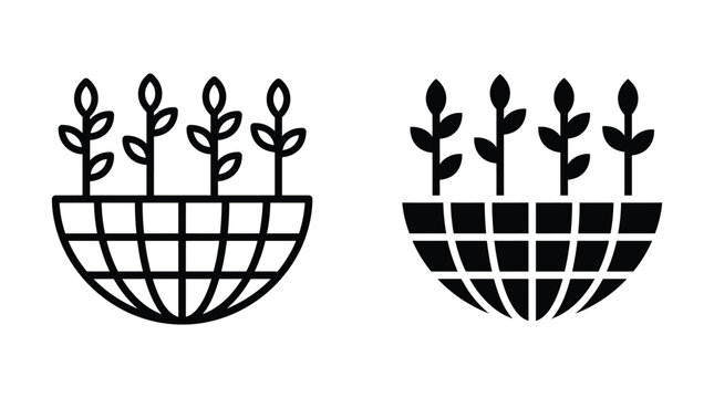 Sustainable agriculture vector icon isolated on white. Black and white outline line art and solid glyph silhouette.
