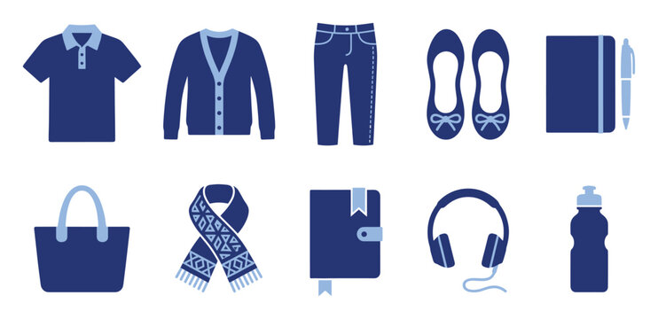 Set of flat blue icons of clothing and essential personal items for graphic design