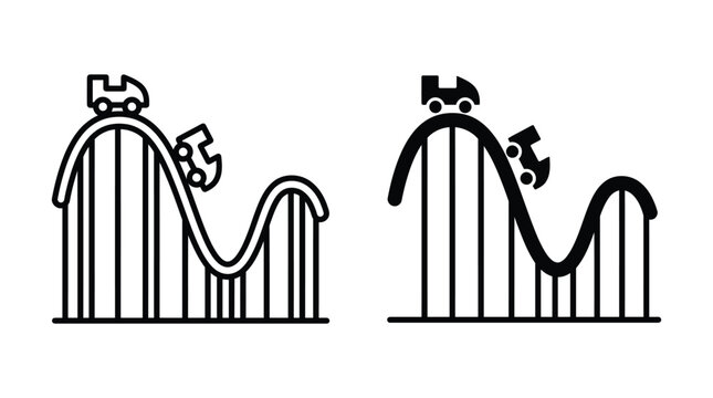 Roller coaster vector icon isolated on white Black and white outline line art and solid glyph silhouette
