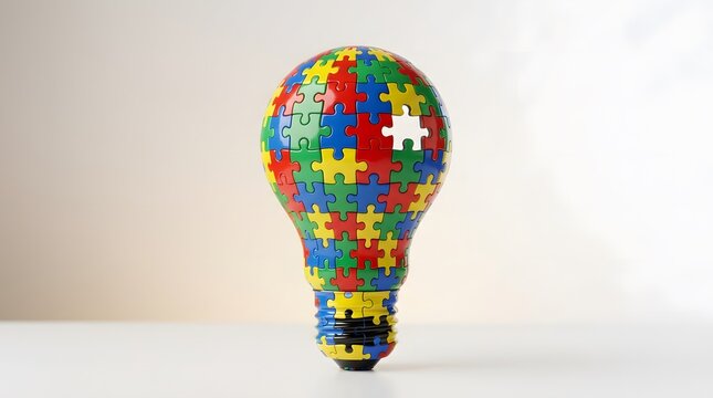 A colorful light bulb shape made of many jigsaw puzzle pieces with one missing piece representing a bright creative idea or complex problem solving solution
