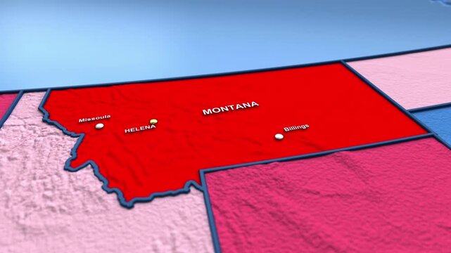 Looped 3D election map animation of the United States zooming into Montana state, featuring red, blue, purple and green political outcome variations.