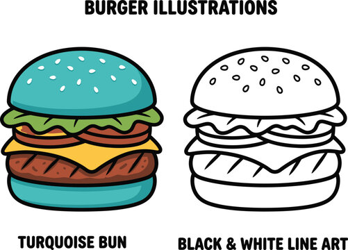 Three colorful burger illustrations hand drawn fast food icons for menu design