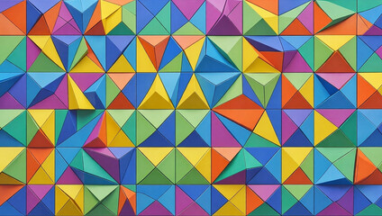 Fototapeta premium Colorful geometric panels arranged in a grid of folded triangles and polygons in blue, green, yellow, orange, and purple with subtle shadows across the surface beneath studio light.