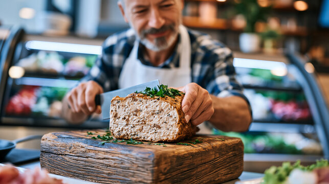 Skilled vegan butcher trimming seitan roast with professional cleaver on reclaimed wood block, white apron, focused expression, plant-based deli case behind, ideal for plant-based food, culinary cra